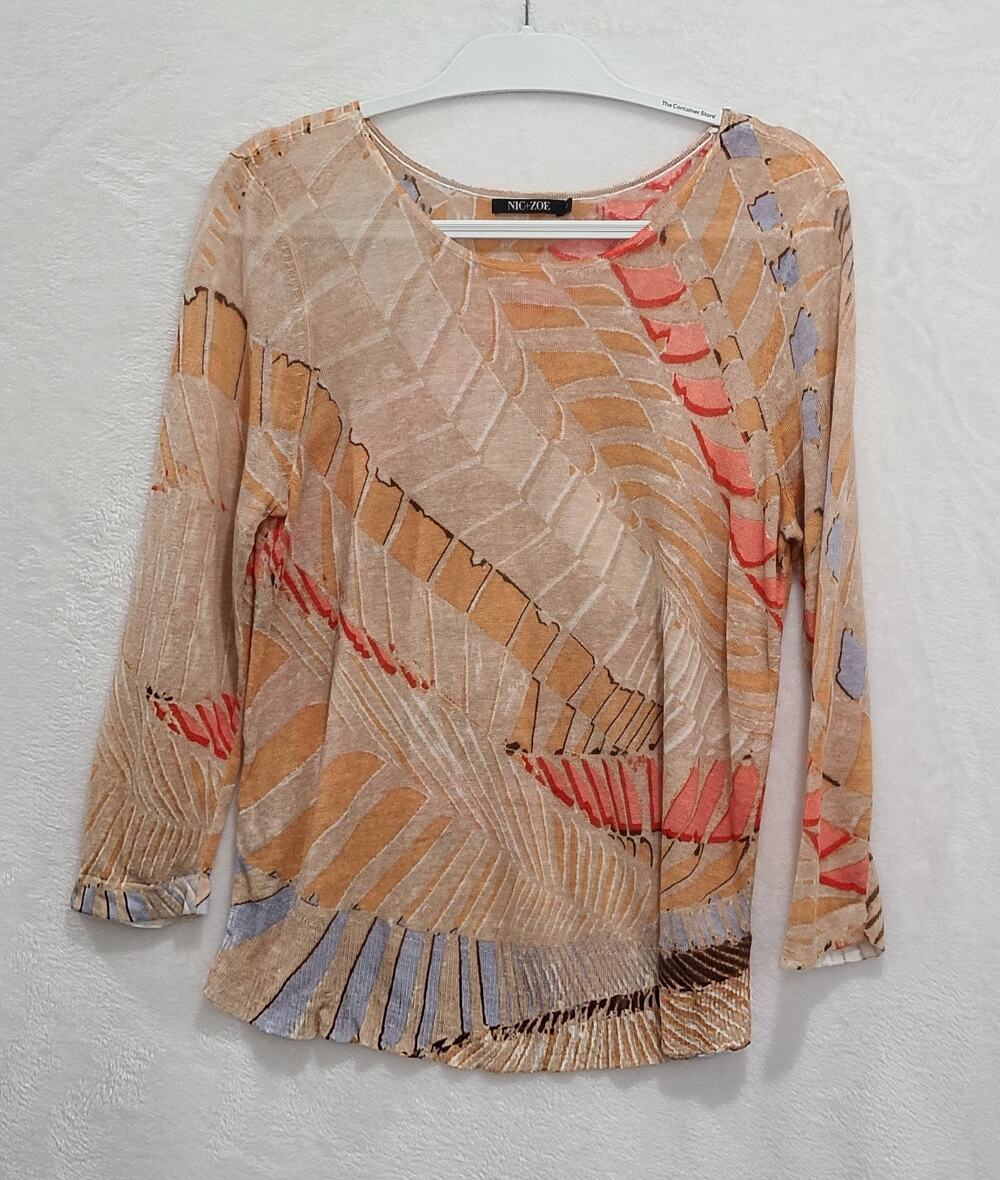 Nic + Zoe Womens Abstract Art Linen Blend Sheer Knit Sweater Earthy Size L